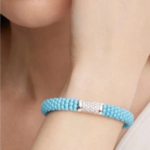 Lagos Blue Caviar Silver 925 Station Ceramic Diamond Bracelet 9mm - Picture 2 of 10